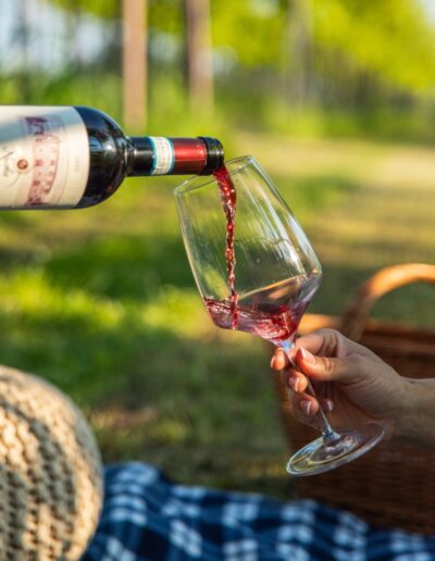 Rode wijn wordt in een glas geschonken tijdens een ontspannen wijnfestijn in de buitenlucht